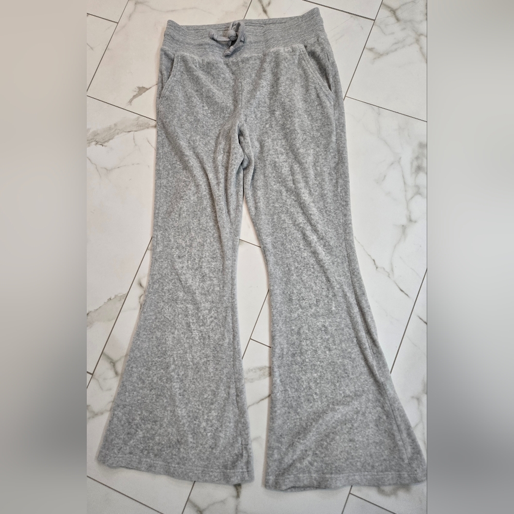 Aerie Gray Velour Sweatpants Flare Leg Terry Drawstring Front Size M